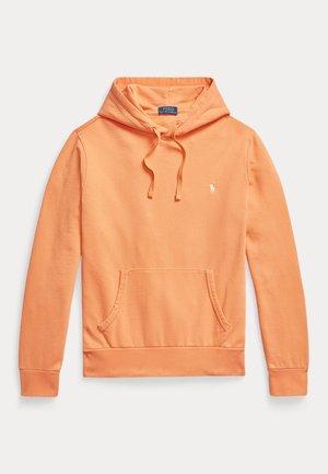 Oransje hettegenser med lange ermer, frontlomme, snorrefeste på hetten og lite hvitt brodert Polo Ralph Lauren-logo på brystet.