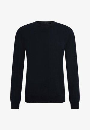 Schwarzer Wollpullover mit Rundhalsausschnitt und langen Ärmeln. Glatte Textur, figurbetontes Design und gerippte Bündchen sowie Saum. Schlichte und klassische Form.