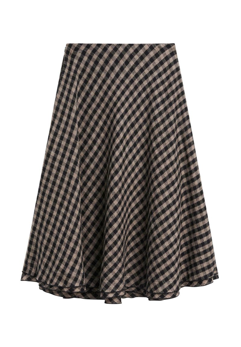 Svart och beige rutig kjol med utsvängd silhuett, tillverkad av ett texturerat tyg med knälång fåll och mjuk fall.