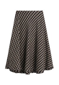 Jupe à carreaux noir et beige avec une silhouette évasée, confectionnée dans un tissu texturé, longueur genou et tombé souple.