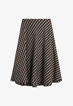 Černá a béžová kostkovaná sukně s rozšířeným střihem, vyrobená z texturované látky s délkou ke kolenům a jemným splýváním.