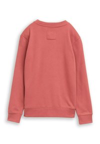 Roze sweatshirt met een ronde hals, lange mouwen en geribbelde boorden. Heeft een vierkante label aan de achterkant. Gemaakt van zacht, getextureerd materiaal.