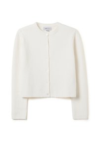Cardigan bianco a taglio corto realizzato in materiale morbido, con scollo rotondo, maniche lunghe e cinque bottoni anteriori. Tessuto testurizzato.