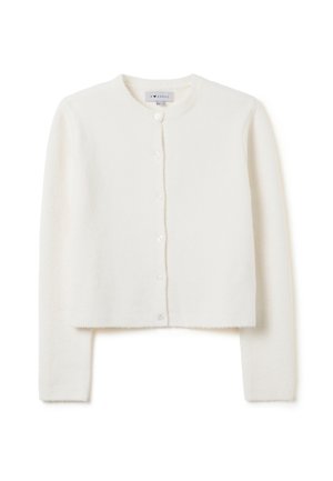 Cardigan court blanc en matériau doux, avec un col rond, des manches longues et cinq boutons sur le devant. Tissu texturé.