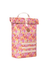 Rucksack mit buntem Blumenmuster in Pink, Orange und Gelb. Aufrollbares Design mit einem sandfarbenen Logo und drei Riemenakzenten.