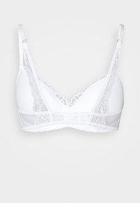 Witte beha met kantdetails, verstelbare bandjes en een doorzichtig paneel. De driehoekige cups zorgen voor een soepele vorm. De sluiting op de rug zorgt voor een goede pasvorm.