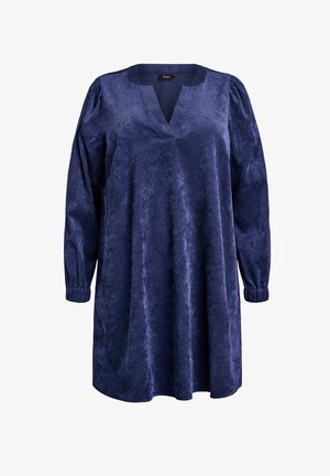 Marineblå langærmet kjole i blødt struktureret stof, med V-hals og samlede manchetter. A-line silhuet med en afslappet pasform.