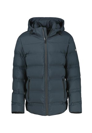 Marineblaue Daunenjacke mit Kapuze, ausgestattet mit einem Reißverschluss und zwei Seitentaschen. Glatte, gepolsterte Textur mit leicht glänzendem Finish.