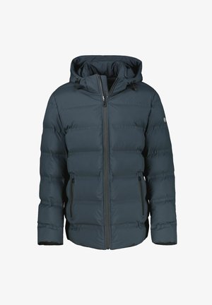 Marineblaue Daunenjacke mit Kapuze, ausgestattet mit einem Reißverschluss und zwei Seitentaschen. Glatte, gepolsterte Textur mit leicht glänzendem Finish.