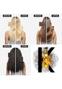 Quatre images de transformation capillaire montrent les résultats avant et après : cheveux longs blonds, longs bruns et bouclés. Une bouteille dorée d'élixir Kerastase est mise en avant.