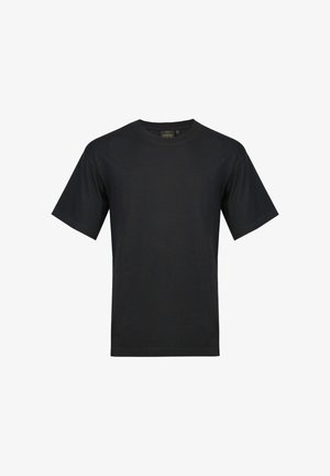 T-shirt nero a maniche corte realizzato in morbido cotone. Presenta un collo rotondo, un design semplice e una vestibilità rilassata senza grafiche o dettagli.