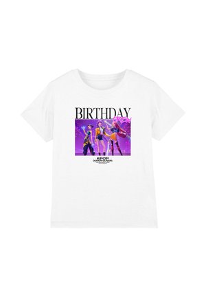 White T-shirt with a colorful graphic of three animated female characters and text "Birthday Crew" and "K-POP Demon Hunters."