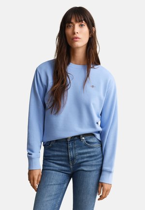 Γυναίκα με μακριά καστανά μαλλιά, ντυμένη με ανοιχτό μπλε φούτερ και ψηλόμεσα μπλε τζιν, στέκεται μπροστά σε απλό λευκό φόντο.