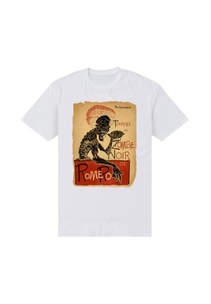 Hvid T-shirt med vintage-stil grafik af en skelet-zombie, der holder en hjerne, tekst på fransk, der promoverer "Zombie Noir de Romero" turné.