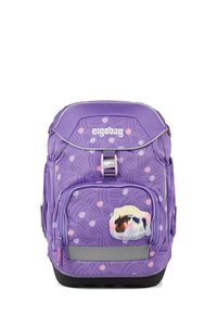 Zaino ergonomico viola con un motivo di puntini colorati, una grafica di cavallo, numerosi scomparti e accenti grigi alla base.