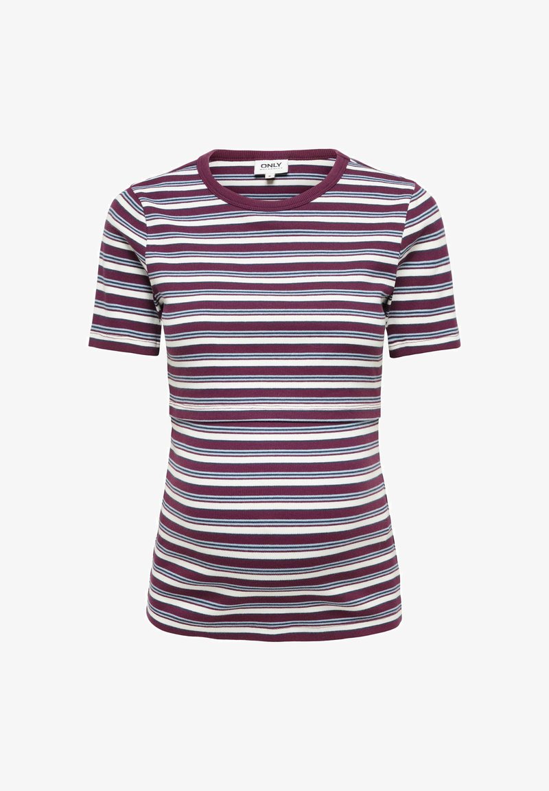 T-shirt à manches courtes col rond avec des rayures horizontales en bordeaux, blanc et bleu clair sur fond blanc.