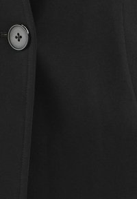 Černá látka s hladkým povrchem, obsahující kulatý černý knoflík a čisté prošívání podél okrajů. Žádné vzory ani další detaily.