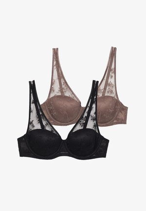 Dwa biustonosze z koronkowymi nakładkami, jeden w kolorze czarnym, a drugi w kolorze taupe, z gładkimi miseczkami i kwiatowym wzorem na tkaninie.
