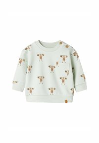 Sudadera de bebé de color verde claro, con un pequeño bolsillo delantero, dos botones en los hombros y un patrón de culturista de dibujos animados en rayas marrones y rojas.