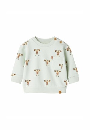 Baby-Sweatshirt in hellgrüner Farbe, mit kleiner Fronttasche, zwei Schulterknöpfen und einem Cartoon-Muster eines Gewichthebers in braunen und roten Streifen.