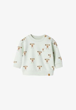 Světle zelená dětská mikina s ilustracemi malých pruhovaných siláků, přední kapsou a dvěma dřevěnými knoflíky na rameni.