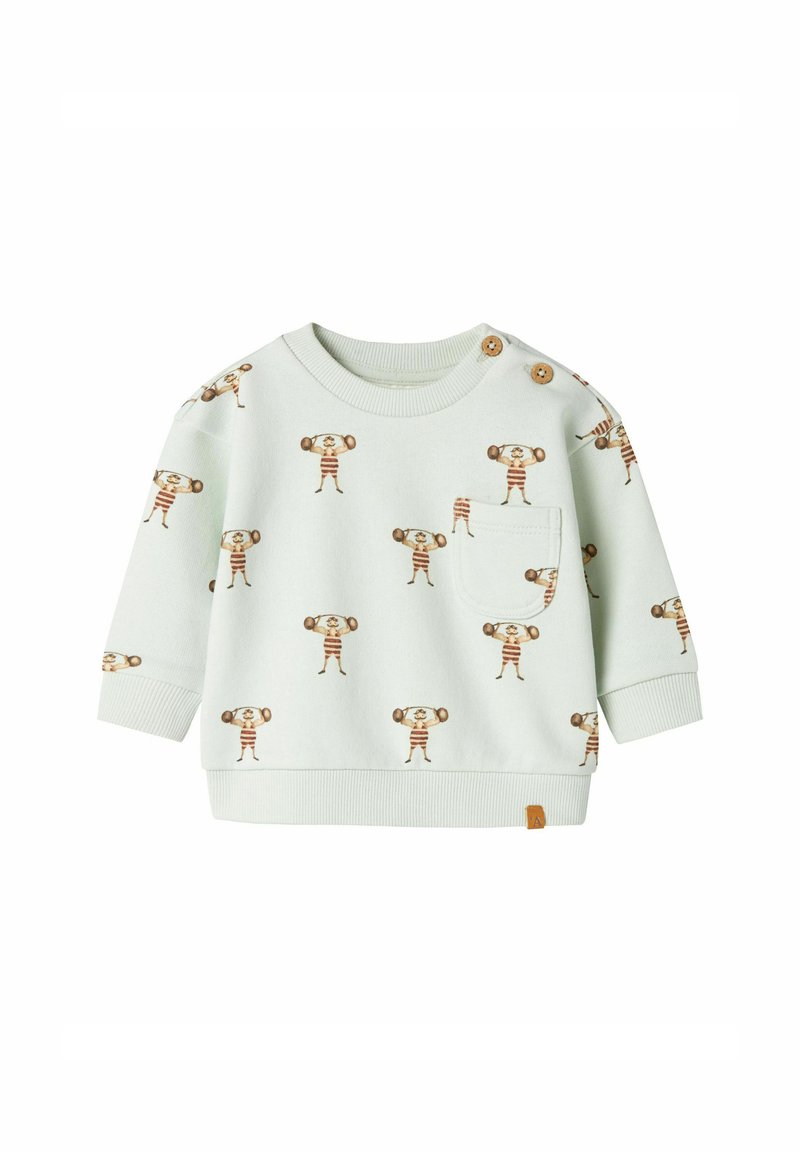 Sudadera de bebé de color verde claro, con un pequeño bolsillo delantero, dos botones en los hombros y un patrón de culturista de dibujos animados en rayas marrones y rojas.