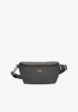 Kompakte dunkelgraue Gürteltasche mit Reißverschlusstasche vorne, verstellbarem Riemen und silbernem Metalllogo mittig auf der Vorderseite.