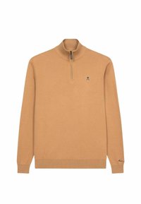 Suéter beige de punto con collar alto y diseño de cremallera de un cuarto. Presenta un dobladillo y puños acanalados, con un pequeño logo en el pecho.