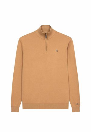 Beiger Pullover mit hohem Kragen und Viertelreißverschluss. Verfügt über einen gerippten Saum und Bündchen sowie ein kleines Logo auf der Brust.