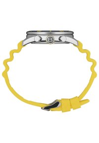 Bracelet de montre en caoutchouc jaune avec un design ondulé, boîtier en acier inoxydable et cadran noir avec des accents jaunes et un logo "B".