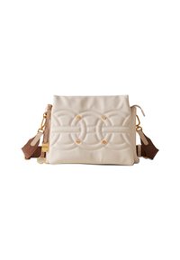 Cremfarbene Leder-Crossbody-Tasche mit geprägten kreisförmigen Mustern, goldenen Beschlägen und verstellbarem braunem Riemen. Texturierte Details steigern das visuelle Interesse.