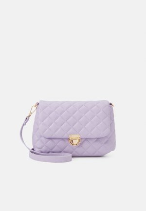 Quilted lavender handbag with gold hardware, featuring a fold-over flap and adjustable strap. Textured surface adds detail.