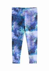 Rugalmas anyagból készült leggings, kék és lila akvarellmintával, egyszarvúkkal és arany pöttyökkel az egész felületen.