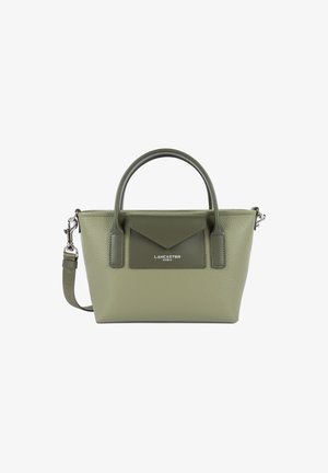 Borsa a tracolla in pelle verde con texture, manici arrotondati, tasca frontale in stile busta e tracolla rimovibile.