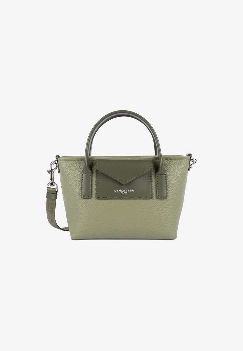 Borsa a tracolla in pelle verde con texture, manici arrotondati, tasca frontale in stile busta e tracolla rimovibile.