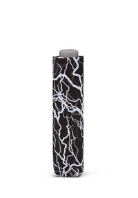 Black water bottle with a glossy finish, featuring a white marbled pattern. Cylindrical shape with a rounded top and a grey lid.
