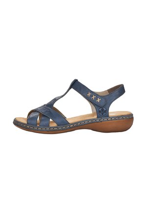 Blue leather sandal with crisscross straps, open toe design, and a cushioned beige insole. Rounded heel and contrasting stitching detail.