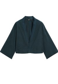 Zkrácená tmavě modrozelená kimono bunda s širokými rukávy, výstřihem do V a texturovanou tkaninou. Zapíná se vpředu na knoflík.