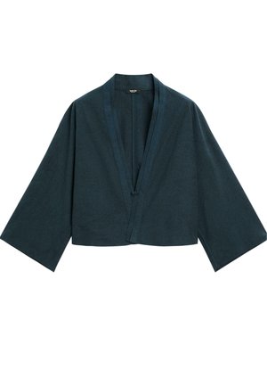 Zkrácená tmavě modrozelená kimono bunda s širokými rukávy, výstřihem do V a texturovanou tkaninou. Zapíná se vpředu na knoflík.