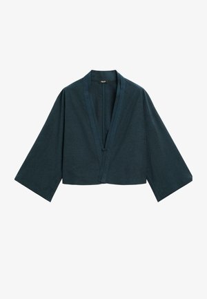 Przycięta, ciemnoniebieska kimono z szerokimi rękawami, dekoltem w kształcie litery V i teksturowanym materiałem. Zapinana z przodu na guzik.