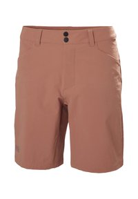 Męskie szorty w kolorze przybrudzonego różu, z dwoma czarnymi zapięciami na guziki, czterema kieszeniami, gładką teksturą i detalem z logo na nodze.