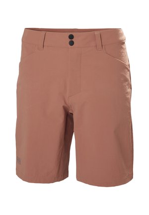 Pánské šortky v barvě prašné růže, které mají dvě černé knoflíkové zapínání, čtyři kapsy, hladkou texturu a detail loga na noze.