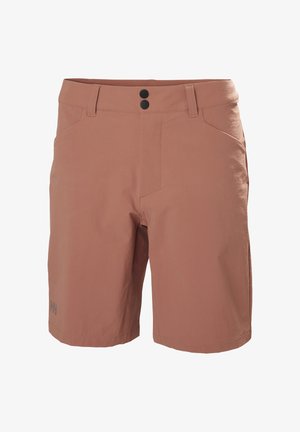 Pánské šortky v barvě prašné růže, které mají dvě černé knoflíkové zapínání, čtyři kapsy, hladkou texturu a detail loga na noze.