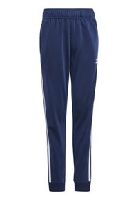 Navy blue track pants made of smooth material with white side stripes and elastic waistband. Features ribbed cuffs for a fitted look.