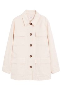 Giacca leggera beige con colletto, cinque bottoni di chiusura e due tasche frontali a patta. Tessuto liscio con una sottile texture.