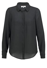 Blusa nera a maniche lunghe realizzata in tessuto leggero, con colletto classico, chiusura frontale con bottoni e orlo dritto.