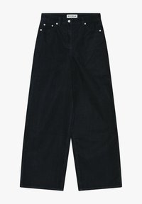 Bredde ben jeans i mørkt denim. Har høj talje, frontknap lukning, og fem-lomme design med sølvfarvede hardware detaljer.
