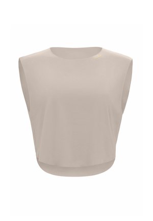Sleeveless beige cropped top with a round neckline and slightly padded shoulders, featuring a small gold logo near the collar.