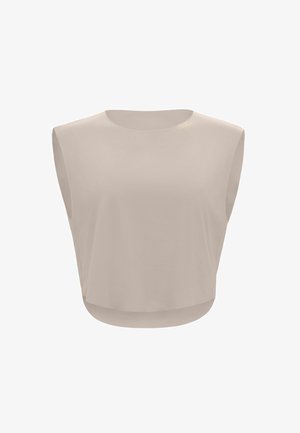 Ärmelloses, beiges Cropped Top mit rundem Ausschnitt und leicht gepolsterten Schultern, mit kleinem goldenen Logo nahe dem Kragen.