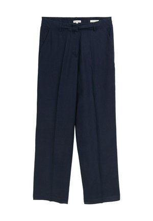 Pantalons à jambes larges bleu marine en tissu léger, avec un devant plat, deux poches latérales et une coupe décontractée.